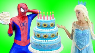 Frozen Elsa celebrates her BIRTHDAY w/ Spiderman, Pink Spidergirl, hit by Magic Lamp Curse