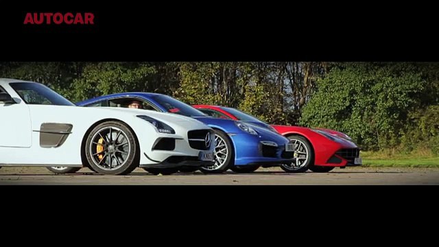 Ferrari F12 Berlinetta vs Porsche 911 Turbo S vs Mercedes SLS Black Series - 200mph drag race
