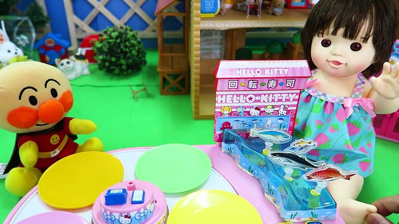 アンパンマン おもちゃアニメ ぽぽちゃん 回転寿司屋さんごっこ くるくる回るよ Baby Doll in the Shuhi Shop
