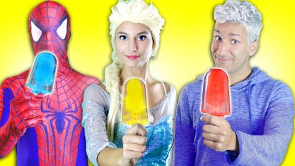 Spiderman vs Jack Frost makes Rainbow Ice Cream for Frozen Elsa vs Joker in real life! Superhero Fun