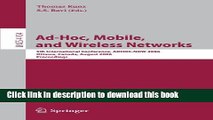 Books Ad-Hoc, Mobile, and Wireless Networks: 5th International Conference, ADHOC-NOW 2006, Ottawa,