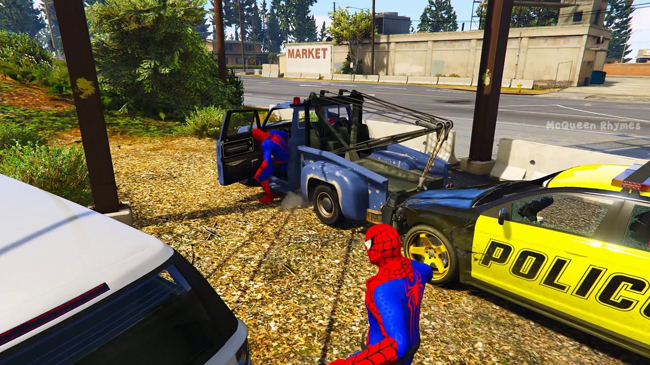 Yellow Police Cars for Kids with Funny Cartoon Spiderman Policeman & Nursery rhymes Songs
