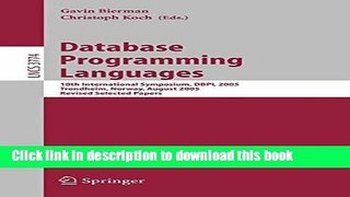 Books Database Programming Languages: 10th International Symposium, DBPL 2005, Trondheim, Norway,