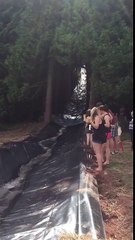 Slip n slide. Dog gets punted. Dog not hurt, funny. 