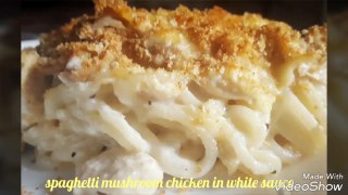 Spaghetti Mushroom Chicken in White Sauce . ( Easy Cook )