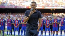 Luis Enrique and Andrés Iniesta address the Camp Nou crowd at the Gamper game