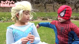 Spiderman Frozen Elsa VS Black Spiderman  Eat makeup tool !? Spiderman Kids スパイダーマン アナと雪の女王