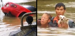 Selde boğulan kadını ve köpeğini böyle kurtardı #sel #kadın #köpek