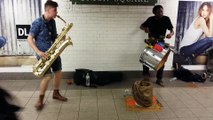 TOO MANY ZOOZ Baritone Saxophone and Drummer Duo Street Performance in NYC Union Square Subway