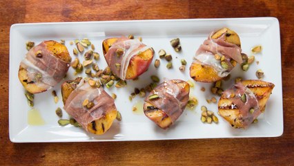 Grilled Peaches with Rosemary, Prosciutto, and Pistachios