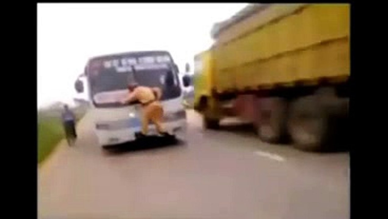 Crazy Police Man In Front Of Bus