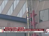 Scaffolding dangles sideways off US Bank building in downtown Cincinnati