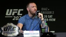 Conor Mcgregor and Nate Diaz throw water bottles at eachother at UFC 202 Press conference