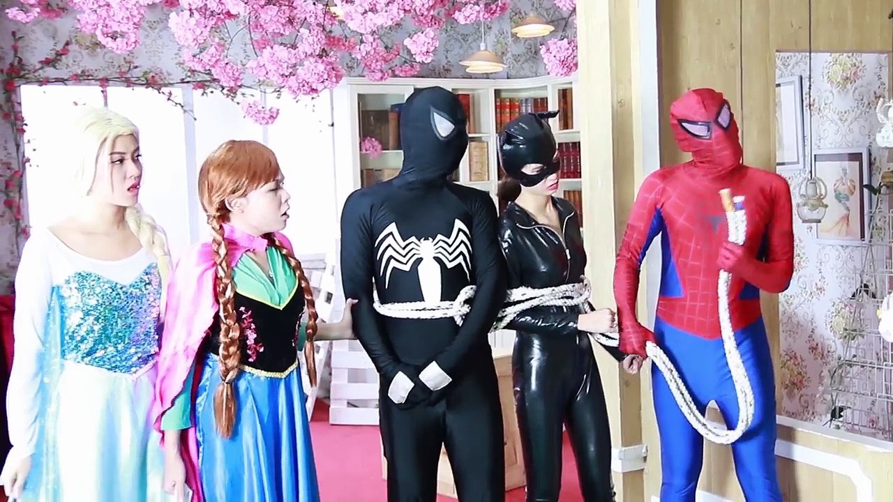 Spiderman Frozen Elsa Anna Baby Prank Bikini vs Maleficent Venom in Pool Fun Superhero in real life