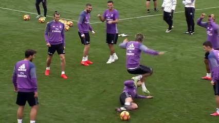 Cristiano Ronaldo was given some stick by his Real Madrid C.F. teammates for his wild tackle on Fábio Coentrão..