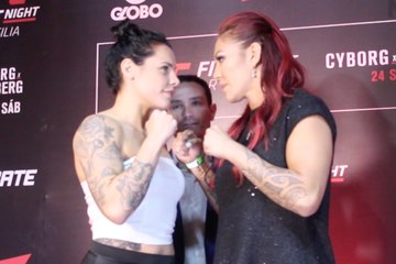 Cristiane Justino vs. Lina Lansberg face-off UFC Fight Night 95 media day in Brasilia