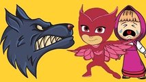 Masha And The Bear with PJ Masks Catboy Gekko Owlette Crying when saw the Wolf