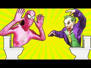 Pink Spidergirl Vs Joker Toilet Battle! w/ Spiderman Frozen Elsa Hulk Funny Superhero Movie IRL