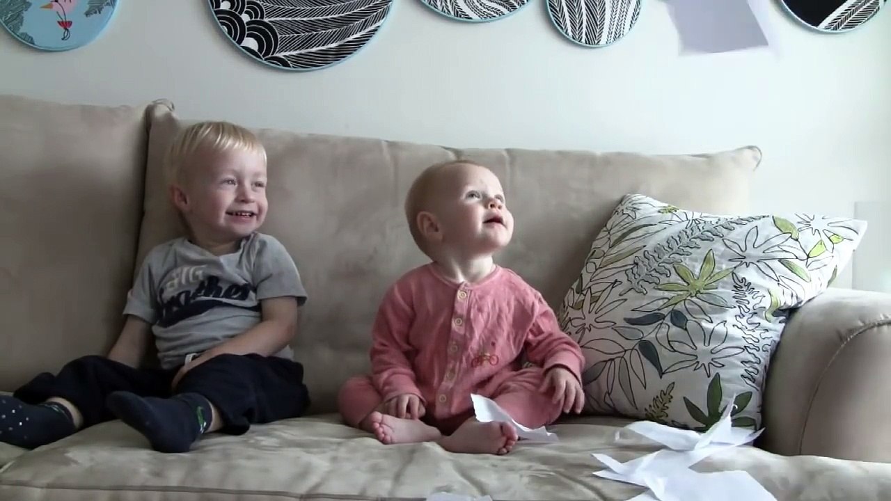 Baby Laughing Hysterically at Ripping Paper with Little Sister