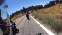 Un cycliste roule avec des motards dans une descente aux USA et les double