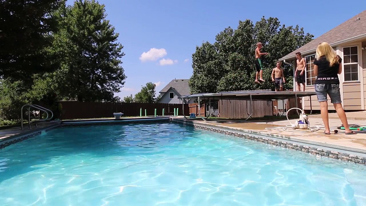 CRAZY TRAMPOLINE FLIPS INTO POOL!