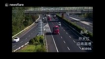 Car attempts dangerous lane change and gets hit by a lorry