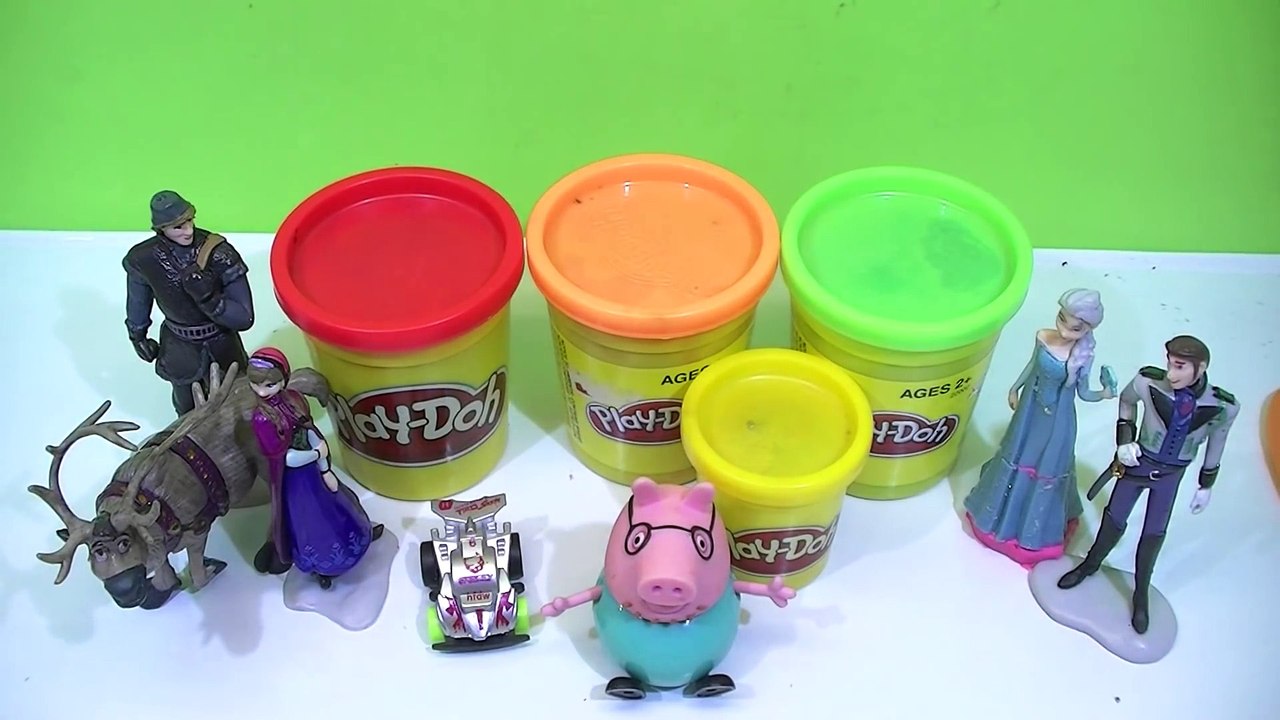 Play Doh kinder surprise eggs peppa pig cars toys along Elsa and Anna olaf frozen