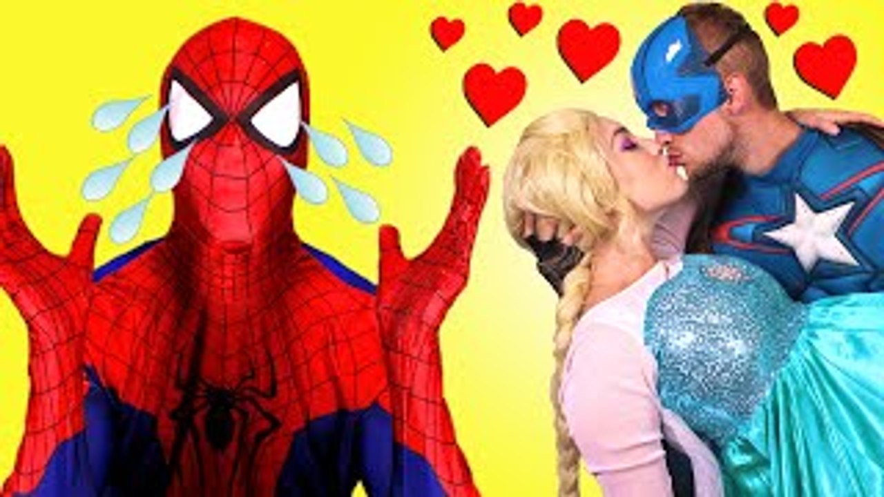 Is Frozen Elsa Kissing Captain America? w/ Spiderman Pink Spidergirl Disney Princess Rapun
