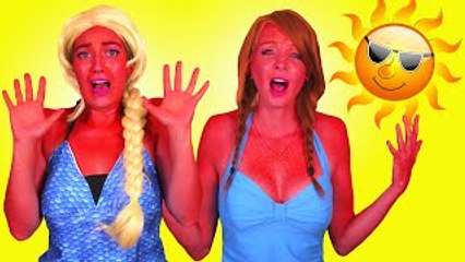 Frozen Elsa & Annas SUNBURN! w/ Spiderman Maleficent Pink Spidergirl Joker! Funny Superhero Video