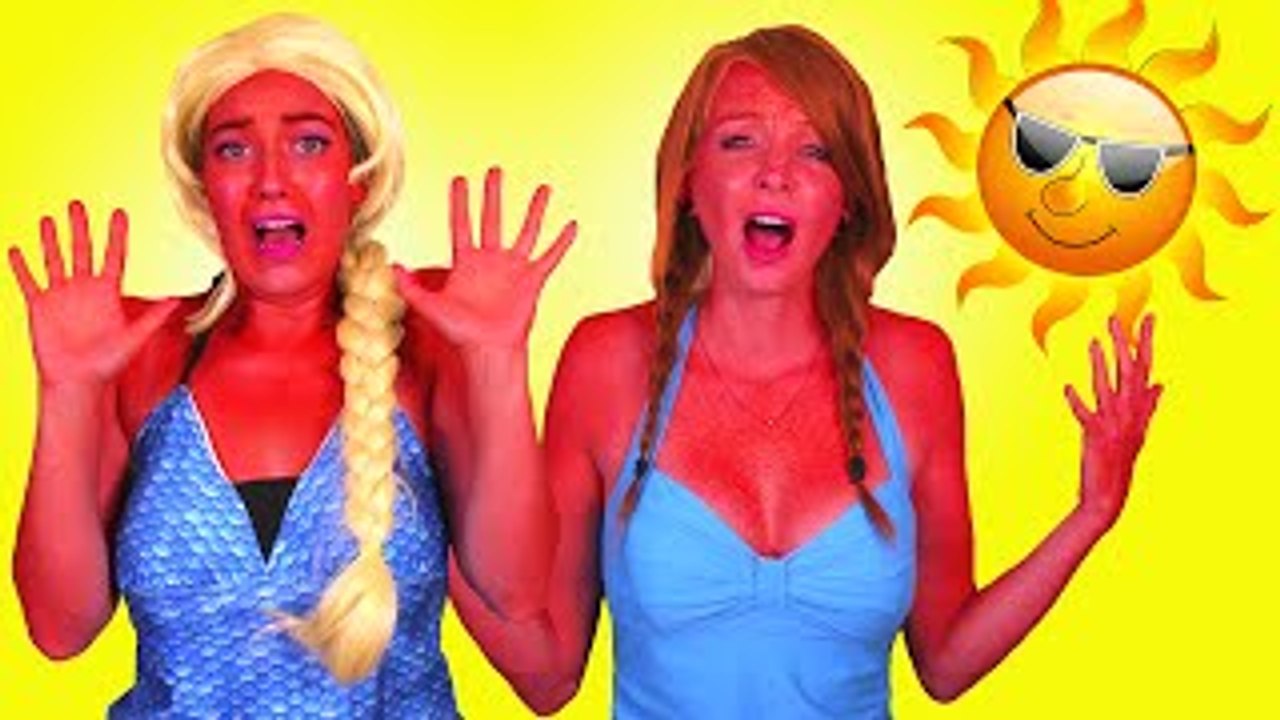 Frozen Elsa & Annas SUNBURN! w/ Spiderman Maleficent Pink Spidergirl Joker! Funny Superhero Video