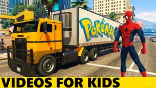 COLORED POKEMON TRUCKS with Spiderman in Cartoon for Kids and Nursery Rhymes Songs for Children