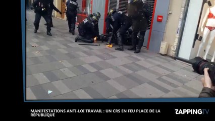 Loi Travail : Un CRS en feu place de la République lors de manifestation parisienne