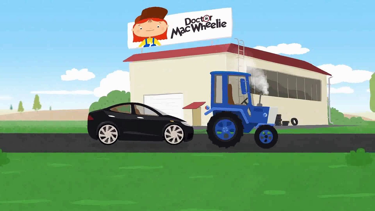 3D cartoon. Doctor McWheelie and Electric Car. Cars games and car repair cartoon