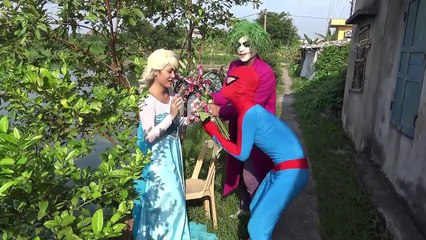 Spiderman vs Joker lovesick Frozen Elsa vs Pinks SpiderGirl love Spiderman Funny pranks in real life 2015