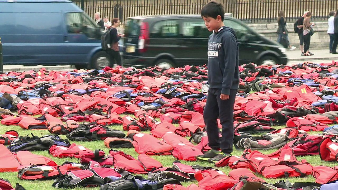 Graveyard of refugee life jackets displayed at UK parliament
