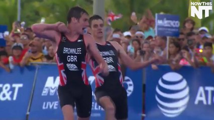 Big Bro Helps Little Bro Cross the Finish Line of Triathlon