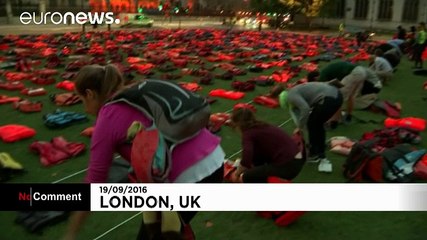 London: Refugee life jackets laid out in Parliament Square