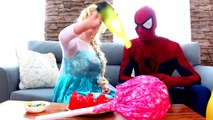 Spiderman With Frozen Elsa & Giant Gummy Candy Chuppa Chups, Pink Spidergirl Superhero in Real Life