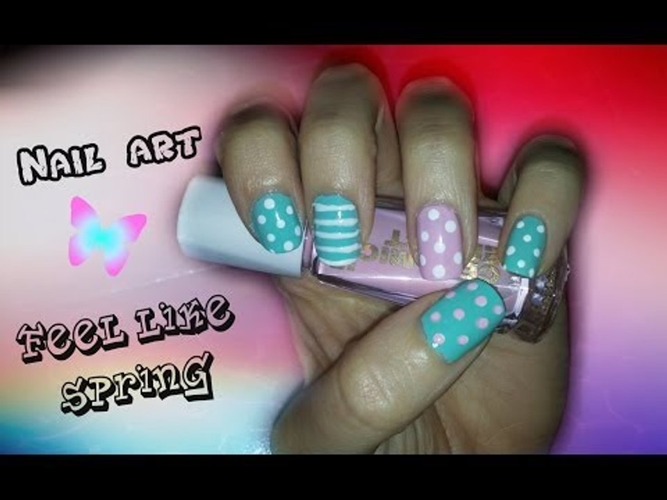Nail art feel like spring ~ green water and pink with pois and stripes