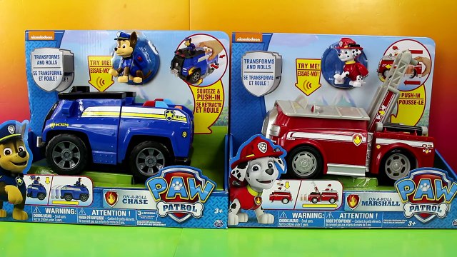 Paw Patrol On-A-Roll Chase Police Car & On-A-Roll Marshall Fire Truck transforms and Rolls