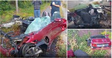 Mustang fica completamente destruído após violento acidente e condutor sai a andar como se nada fosse