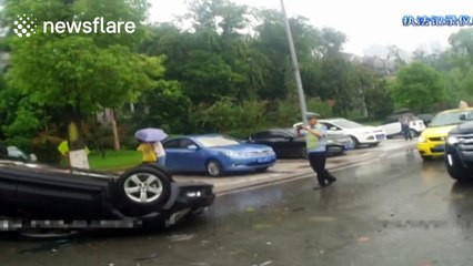 Out-of-control car flies over central reservation hitting on another car