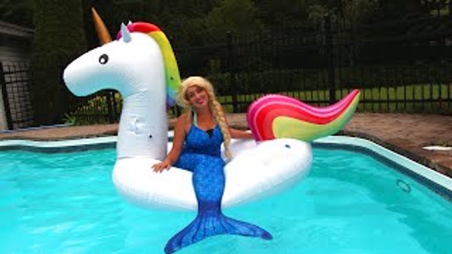 Frozen Elsas POOL UNICORN! w/ Spiderman Joker Spidergirl Mermaid Maleficent! Funny Superhero Video