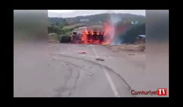 Alkol yüklü tanker alev alev yandı