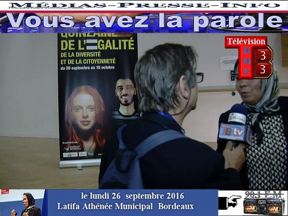 Télévision-Bordeaux-Média-France rencontre pour la Quinzaine de l'égalité latifa ziaten de passage à Bordeaux