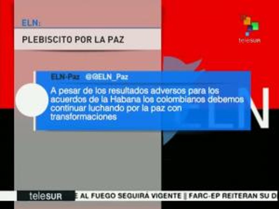 Lamenta ELN triunfo del "No" y pide a colombianos busquen la paz
