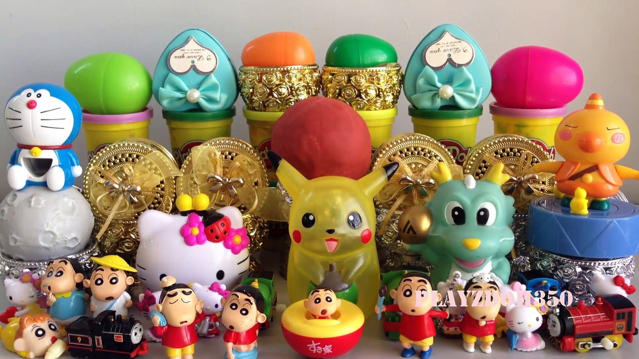 PLAY DOH SURPRISE EGGS with Surprise Toys,Hello Kitty,Thomas and Friends,The Simpsons,Shin