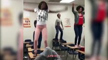 Dancing Girl Knocked Off School Desk And Falls