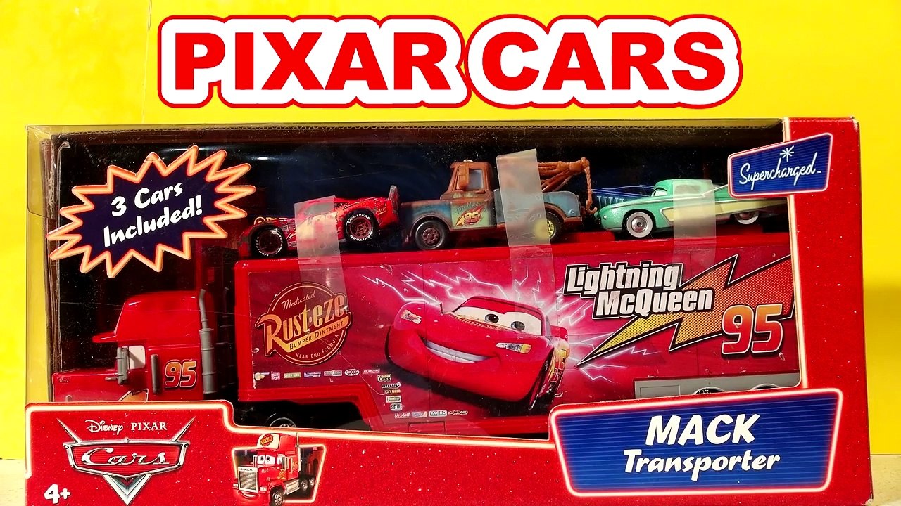 Pixar Cars Mack Transporter Unboxing with Lightning McQueen, Mater, and Flo from the V 8 Cafe