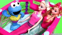 Cookie Monster Pool Party with Mermaid Elsa Mermaid Anna Swim with Ariel Bath toys Sesame Street